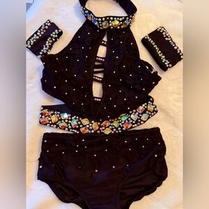 Glamorous Black Kids Dance Costume with Gem Accents